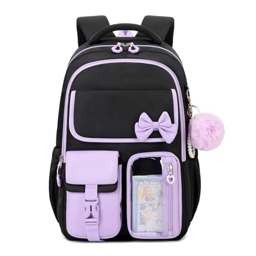 Girls Backpack, School Backpack for Girls, Cute Bow Kids Bookbag for Grils Children Teens for Elementary Middle High School Student, Black Purple - color: Black Purple