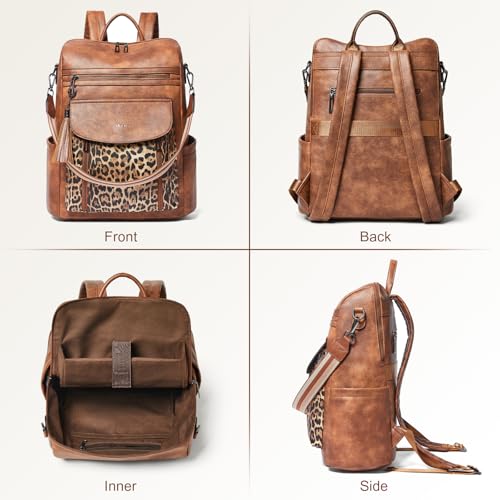 Shrrie Laptop Backpack for Women 15.6 inch,Travel Leather Backpack Purse Nurse Teacher Carry on Backpack Computer Bag,Professional Water-Resistant College Business Work Casual Daypack,Two-tone Maroon - color: Brown With Leopard