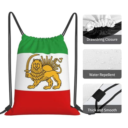 Emblem Of Iran Lion And Sun Flag Of Iran Striped Drawstring Bag Sport Gym Backpack Beach Travel Sack Draw String Yoga Bag For Men Women - color: Emblem of Iran Lion and Sun Flag of Iran Striped