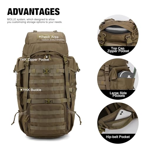 Mardingtop 70L Internal Frame Backpack for Hunting,Camping,Hiking Backpacking Backpack with Rain Cover - color: Khaki