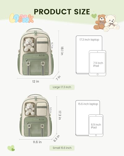 LOVEVOOK Cute School Backpack for Girls Ages 8-14, Bookbag with Plush Bear & Clear Display Pocket, Fits 15.6 Inch Laptop & 40oz Tumbler, Back to School Backpack for Elementary & Middle School - color: Green / Off-white