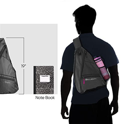 Millenti Sling Bag Crossbody Backpack - Shoulder Chest Casual Daypack Rucksack for Men & Women with a Fence Hook & Water Bottle Holder. Basketball Pickleball Bag Black PB01B
