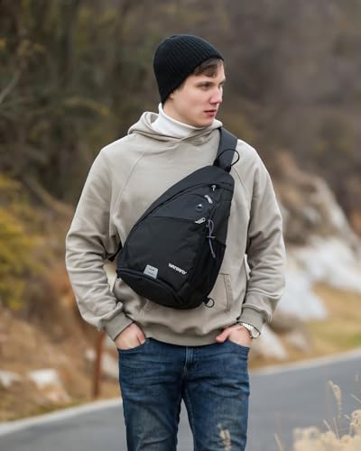 WATERFLY Sling Bag Sling Backpack Small Crossbody Shoulder Bag for Men Women Traveling Cycling Hiking Daypack - color: Black