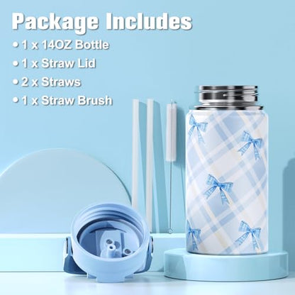 Bevalsa Backpack for Girls, Bow Plaid Bookpack with 14oz Insulated Water Bottle, Lunch Bag & Pen Case, Schoolbag for Kids & BPA-FREE Stainless Steel Metal Cup for Elementary Middle Student (Blue) - color: Blue Plaid