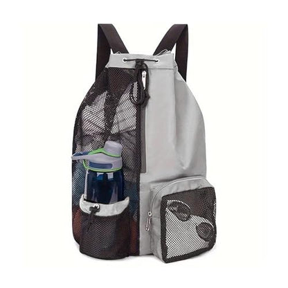 Mesh Drawstring Beach Backpack with Waterproof Wet Pocket Lightweight Swim Bag for Swimming Gym Workout for Men Women Light Grey
