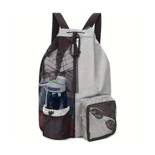 Mesh Drawstring Beach Backpack with Waterproof Wet Pocket Lightweight Swim Bag for Swimming Gym Workout for Men Women Light Grey