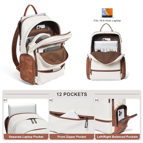 Leather Backpack for Women Men, Fits 16.0 Inch Laptop, Soft Vegan Leather Backpack for Travel and Daily Use, Beige - color: 3-1 Beige