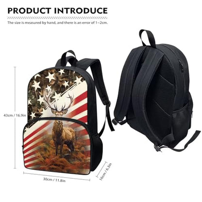 Talayituse Deer American Flag Print Kids School Backpack with Laptop Compartment Casual Travel Daypack Rucksack for Girls Boys, Lightweight 17 Inch Schoolbag Knapsack Shoulder Bag for Outdoors Travel - color: Deer American Flag