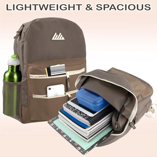 Summit Ridge Colorful Big Backpack for School Kids, Multi Pocket Backpack for Elementary, Middle School Girls, Boys with Padded Straps (Brown/Taupe) - color: Brown/Taupe