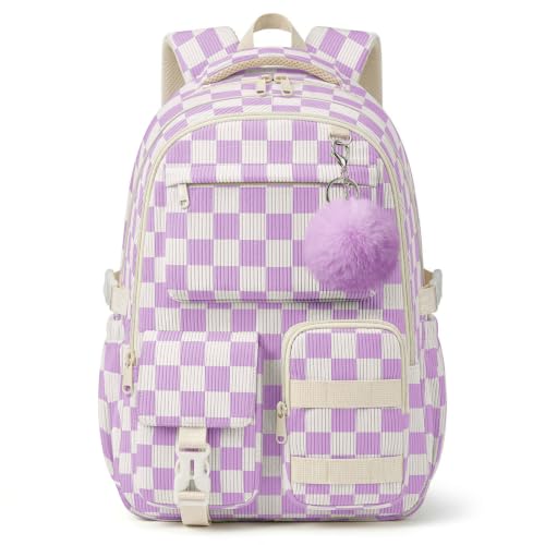 Corduroy Backpack for Teen Girls, Aesthetic Cute Purple Gingham School Backpack with Multi-Pocket, Lightweight Bookbag Fits 15.6 Inch Laptop, Large Capacity Casual for School Travel - color: Purple Gingham