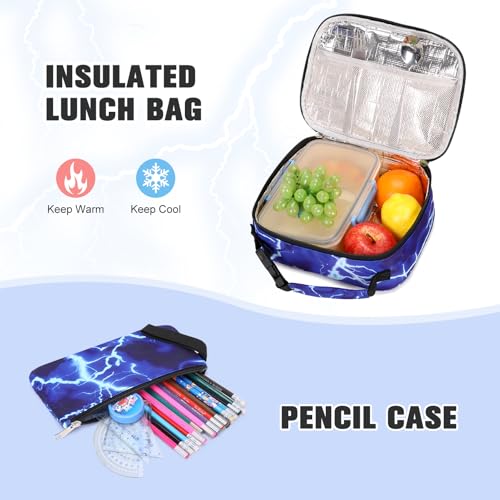 Bevalsa Backpack for Boys, Lightning School Bags with Lunch Bag & Pen Case for Kids, Bookbag for Boys Teens Elementary Middle High School - color: Blue Dragon