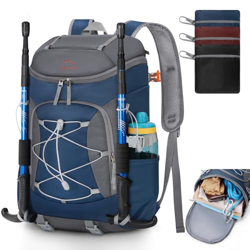 RAINSMORE Foldable Hiking Backpack for Women Men Packable Camping Backpack 40L Waterproof Hiking Daypack Bag Lightweight Collapsible Daypack for Travel Trekking Mountaineering Large Capacity Blue - color: Dark Blue and Grey