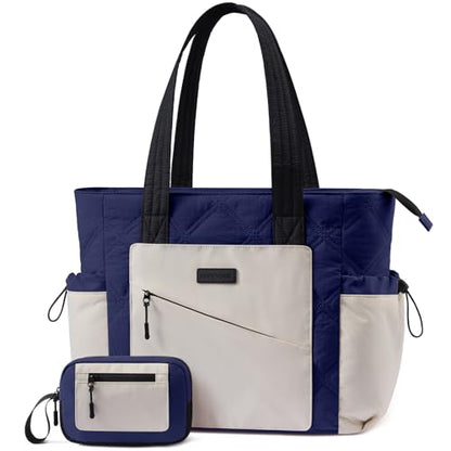 LOVEVOOK Tote Bag for Women, puffer tote bag for Work Travel Nurse, Lightweight quilted Bags with Compartments - color: M-15.6 Inch-navy-beige-black