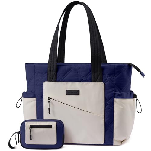 LOVEVOOK Tote Bag for Women, puffer tote bag for Work Travel Nurse, Lightweight quilted Bags with Compartments - color: M-15.6 Inch-navy-beige-black