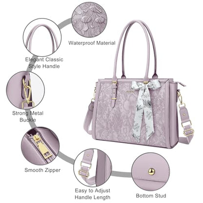 MOSISO Laptop Bag for Women, 17-17.3 inch PU Leather Tote Bag Compatible with MacBook, HP, Dell, Asus Notebook, Front Embossed Retro Hibiscus Computer Bags with Silk Scarf&Clutch Purse, Dusty Lilac - color: Dusty Lilac, size: 17.3 inch