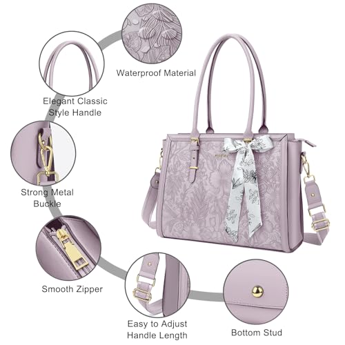 MOSISO Laptop Bag for Women, 15.6-16 inch PU Leather Tote Bag Compatible with MacBook, HP, Dell, Asus Notebook, Front Embossed Retro Hibiscus Computer Bags with Silk Scarf&Clutch Purse, Dusty Lilac - color: Dusty Lilac, size: 16 inch