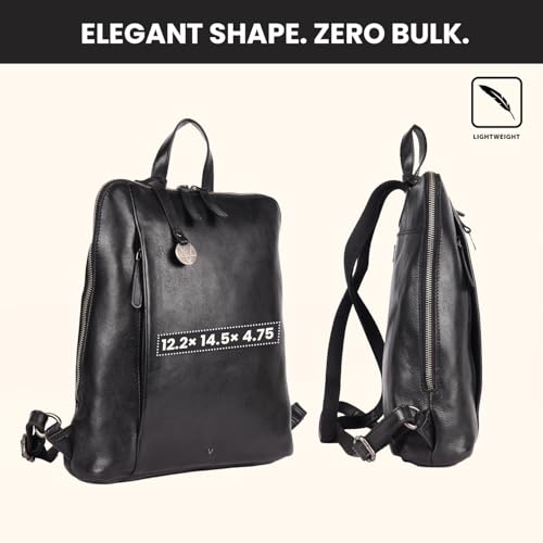 12.5 Inch Genuine Leather Backpack for Women and Men, Black Leather Backpack with Adjustable Shoulder Strap - color: Black