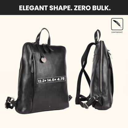 12.5 Inch Genuine Leather Backpack for Women and Men, Black Leather Backpack with Adjustable Shoulder Strap - color: Black