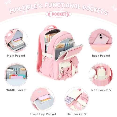 Kids Backpack for Girls, 3PCS School Backpack Set with Insulated Lunch Box & Pencil Case, Waterproof Lightweight Bookbag for Elementary & Middle School, Cute Bow Travel Daypack Pink-Beige - color: Pink-beige