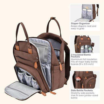 BabbleRoo Diaper Bag Backpack - Baby Essentials Travel Tote - Multi Function Water Resistant Diaper Bag, Travel Essentials Baby Bag with Changing Pad, Stroller Straps & Pacifier Case - Unisex, Brown - color: Coffee, size: Large