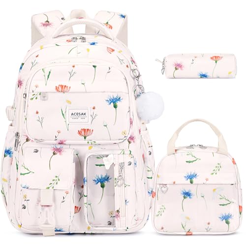 ACESAK Backpack for Girls - Girls Backpack with Lunch Bag & Pencil Pouch for Teen Kids Laptop Backpack for Women, Elementary Middle High School Bookbag Travel Daypack (Beige Flower) - color: Beige Flower