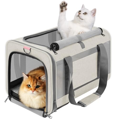 GAPZER Pet Carrier for Large Cat 20 lbs+ / Soft Sided Small Dog 12 Pounds Travel Crate Top Load/Collapsible Kitty Carry Bag Big Kitten Mesh/Sturdy Animal Transport cage Kennel Long Trips Beige - color: Beige