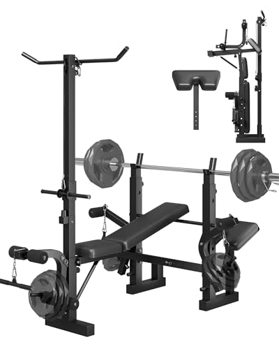 GarveeTech 8-in-1 Weight Bench Set for Home Gym, Foldable Workout Benchs with Preacher Curl Pad, LAT Pulldown and Leg Extension Leg Curl, Bench Press for Full Body Exercise