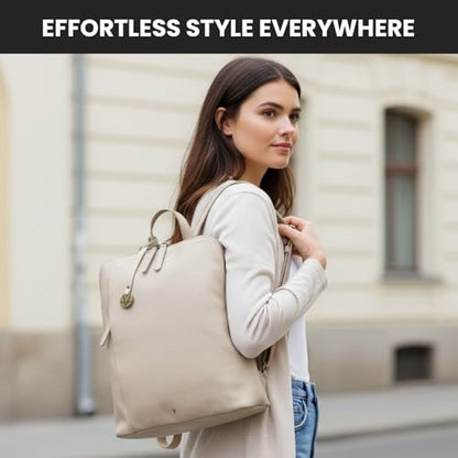 12.5 Inch Genuine Leather Backpack for Women and Men, Beige Leather Backpack with Adjustable Shoulder Strap - color: Beige