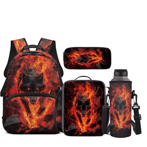 JEOCODY Cool Fire Wolf Kids Boobag Boys Girls Backpack with Lunch Box and Pencil Case Water Bottle Holder 4 PCS Accessories for Teens Back to School Supplies - color: Cool Fire Wolf Patterns