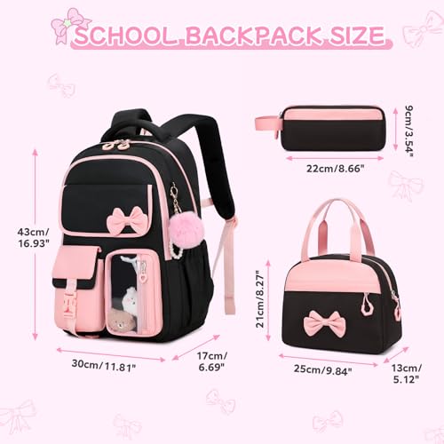 Girls Backpack, School Backpack for Girls, Cute Bow Kids Bookbag for Grils Children Teens for Elementary Middle High School Student, Back To School, Black Pink 3pcs - color: Black Pink-3pcs