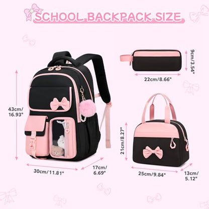 Girls Backpack, School Backpack for Girls, Cute Bow Kids Bookbag for Grils Children Teens for Elementary Middle High School Student, Back To School, Black Pink 3pcs - color: Black Pink-3pcs