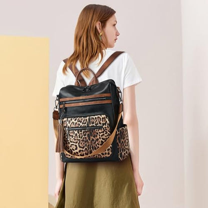 Shrrie Backpack Purse for Women Leather Backpack Fashion Designer Travel Backpack Convertible Shoulder Bag - color: 1-6 Black With Leopard