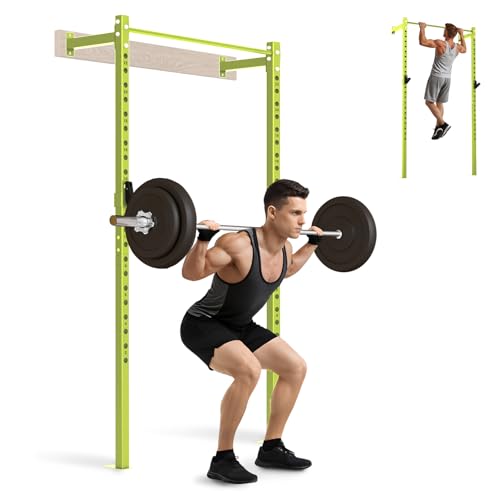 SPORTSOUL Wall Mounted Power Cage, 900lbs Squat Rack with Pull Up Bar for Home Gym, Space-Saving 2"x2" Pull-Up Station with Adjustable J-Hooks for Garage & Apartment - color: Green