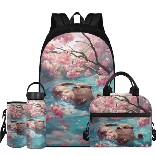 Flashideas Cherry Blossom Otter Backpack for Girls Kids Backpack with Lunch Box Stainless Steel Water Bottle and Water Bottle Holder 4Pcs Set 17" Bookbag with Compartments for School Sturdy School Bag - color: Cherry Blossom Otter