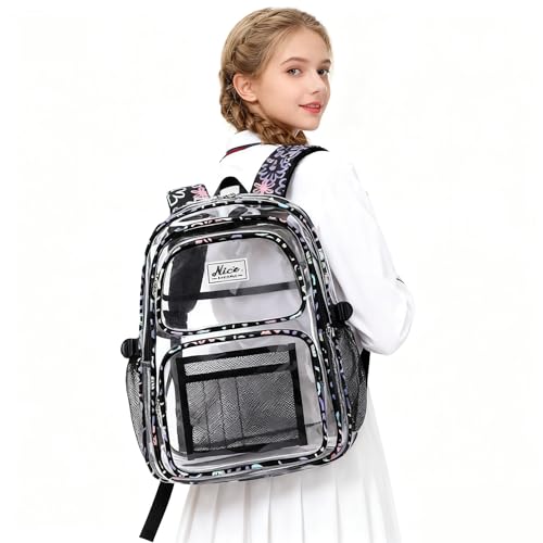 OKKID Heavy Duty Clear Backpack for School Girls Clear Bookbag Transparent Backpack for work See Through Plastic School Bags - color: Black