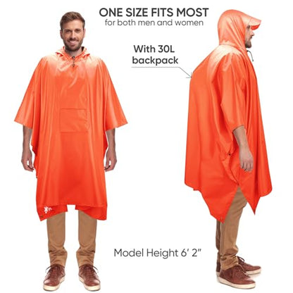 PTEROMY 3-in-1 Hooded Rain Poncho for Adult with Pocket, Waterproof Lightweight Unisex Raincoat for Hiking Camping Emergency - color: Orange