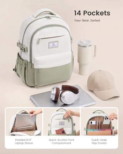 LOVEVOOK Laptop Backpack for Women Teens,College School Backpack with Tumbler Holder,15.6" Computer Bag,14 Pockets,Waterproof - color: Off-white/Bean, size: 17.3inch