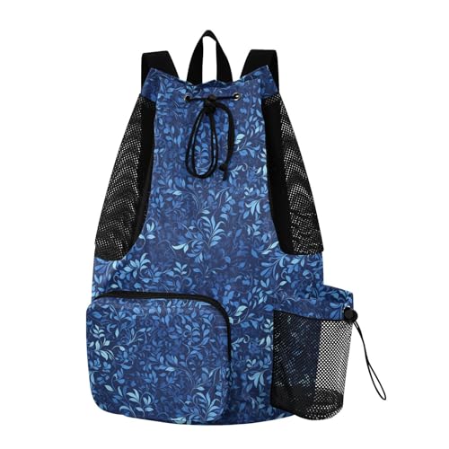 Yuiboo Dark Blue Leaves Drawstring Backpack Gym Swim Bag with Water Bottle Pocket String Backpack Bag Wet and Dry Separation