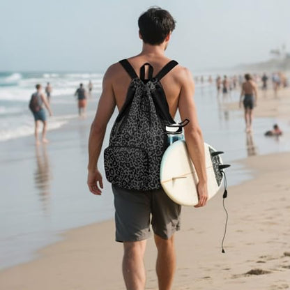 Bolaz Beach Drawstring Backpack Mesh Swim Bag for Women Men Gray Leopard Cheetah Swimming Gym with Wet Pocket Packable Sports - color: Gray Leopard Cheetah