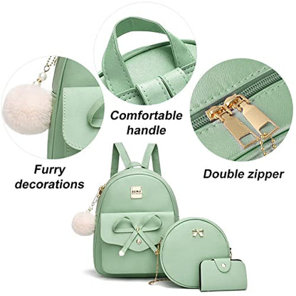 ZGWJ Mini Backpack Purse for Women - 3-Piece Set, Small PU Leather Bowknot Fashion Backpacks, Cute Casual Travel Daypacks - color: Light Green