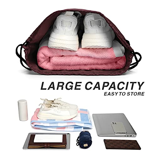 Drawstring Backpack Sports Water Resistant String Bag Sport Gym Sackpack for Women Men Large with Zipper, Burgundy - color: Burgundy