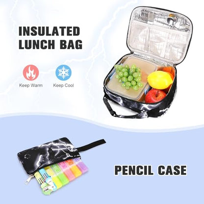 Bevalsa Backpack for Boys, Lightning School Bags with Lunch Bag & Pen Case for Kids, Bookbag for Boys Teens Elementary Middle High School - color: Black