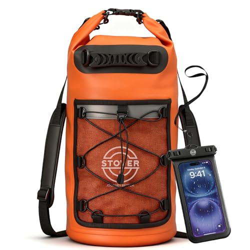 STOVER 5/10/25/30/40/55L Waterproof Dry Bag- Roll-Top Backpack w/Phone Case- Kayaking, Hiking, Camping, Boating- Men/Women - color: 25l Orange (With Phone Case), size: 25L