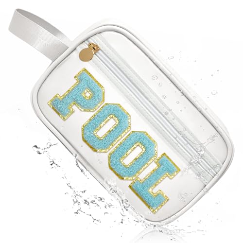 COSHAYSOO Clear POOL Makeup Bag Small Travel Pouch for Women Teenager Girls Pool Accessories Stuff Organizer Preppy Chenille Letter Patch Summer Girly Things - color: White-POOL