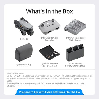 DJI Air 3S Fly More Combo (RC-N3), Drone with 1" CMOS Wide-Angle & Medium Tele Camera, 4K/60fps HDR Video, Nightscape Omnidirectional Obstacle Sensing & 3 Batteries for Extended Flight Time - style: Air 3S Fly More Combo (RC-N3)