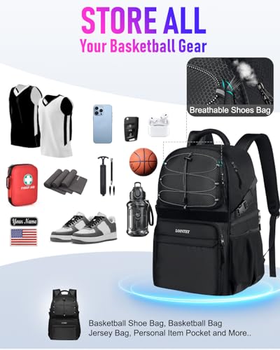 LOINTET Basketball Bag Backpack with Ball Holder Shoes Compartment, Large Basketball Accessories Sports Bag - color: Black