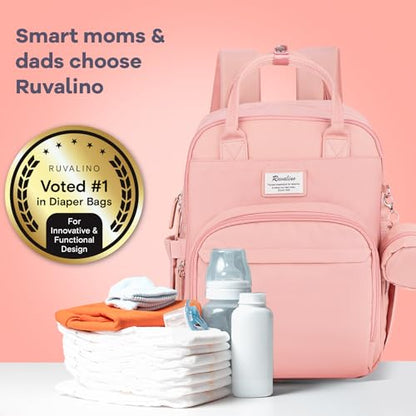 RUVALINO Diaper Bag Backpack, Multifunction Travel Back Pack for Girls, Maternity Baby Changing Bags with Changing Pad for Mom, Large Capacity, Waterproof and Stylish, Pink - color: Pink