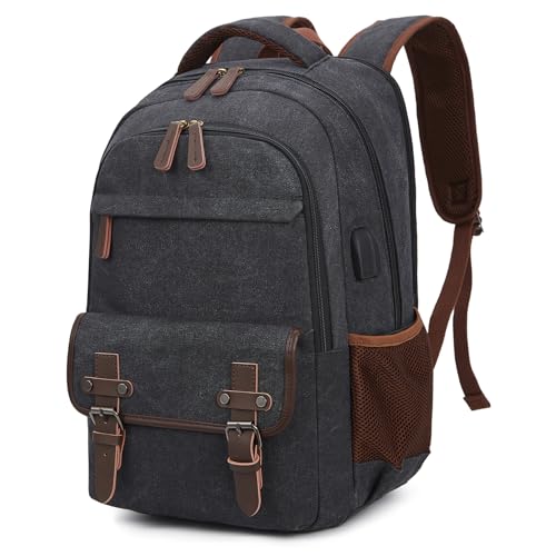 Canvas Travel Laptop Backpack for Men Women, business Work Rucksack College School Computer Bag Fits 15.6 Inch Laptop, Bookbag with USB Charging Port （Black）