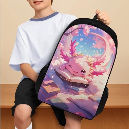 Flashideas Cherry Blossom Axolotl Backpack for Girls Kids Backpack with Lunch Box 32 oz Water Bottle and Water Bottle Carrier 4Pcs Set 17" Lightweight Elementary Bookbag with Compartments for School - color: Cherry Blossom Axolotl-2