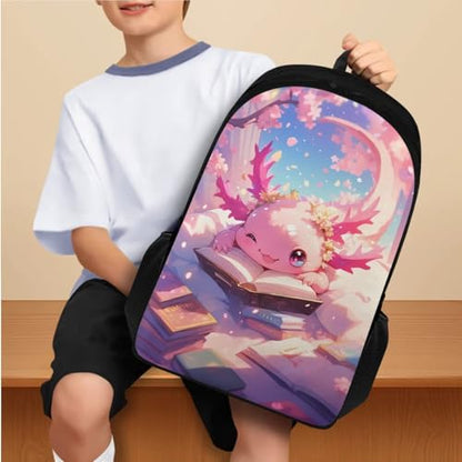 Flashideas Cherry Blossom Axolotl Backpack for Girls Kids Backpack with Lunch Box 32 oz Water Bottle and Water Bottle Carrier 4Pcs Set 17" Lightweight Elementary Bookbag with Compartments for School - color: Cherry Blossom Axolotl-2